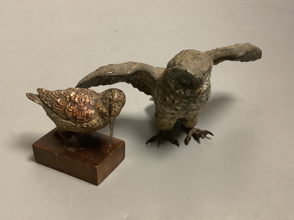 A 19th century Austrian cold painted bronze model of an owl, 13cm, another of a snipe